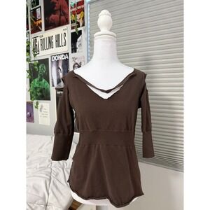 Y2K Rang Brown Top Womens XL Raw Hem Layered Look 3/4 Sleeve Stretch Grunge